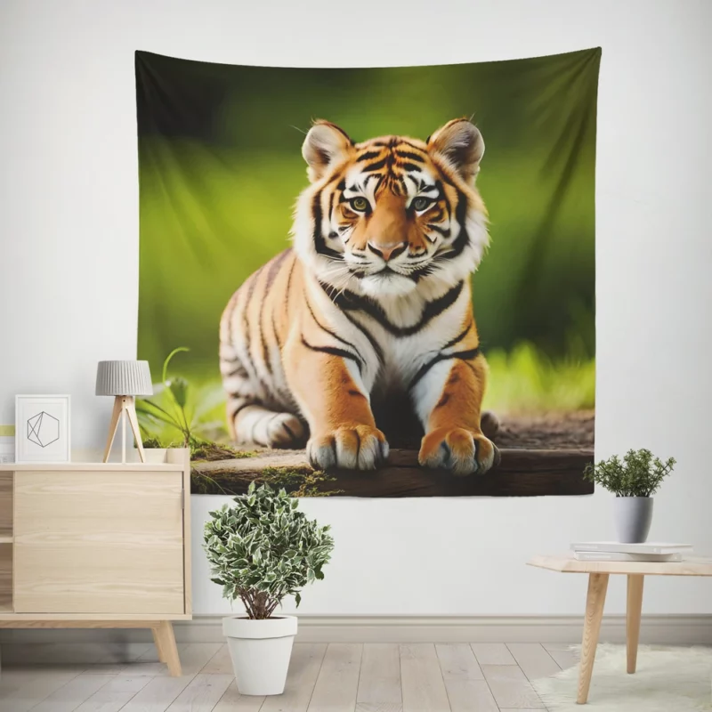 Bengal Tiger Sitting on Log Wall Tapestry