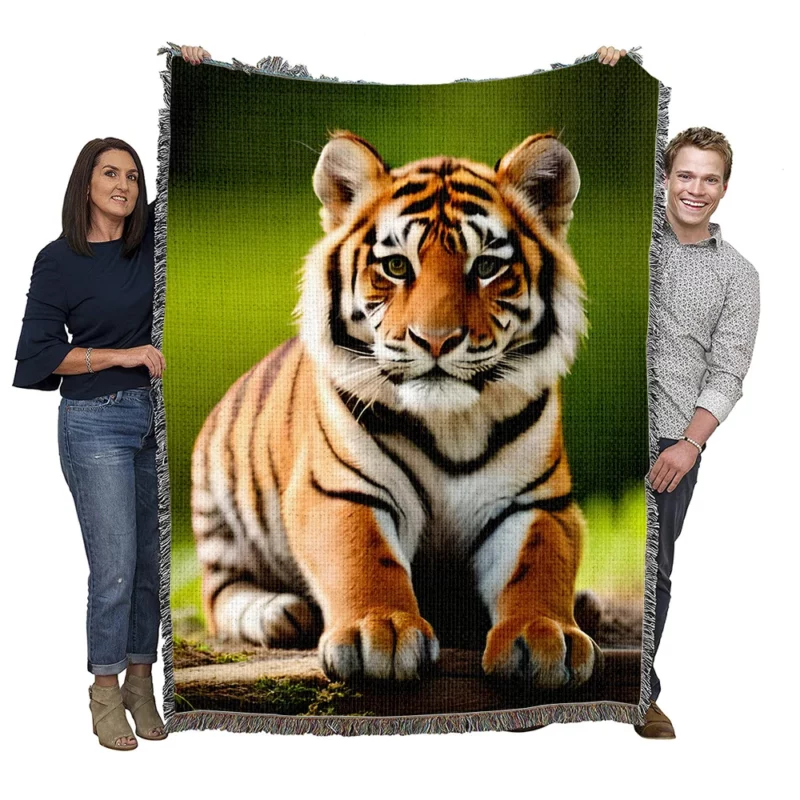 Bengal Tiger Sitting on Log Woven Blanket