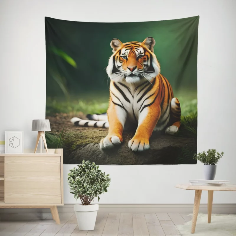 Bengal Tiger Sitting on Rock Wall Tapestry