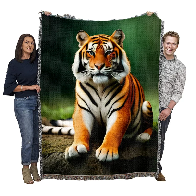 Bengal Tiger Sitting on Rock Woven Blanket