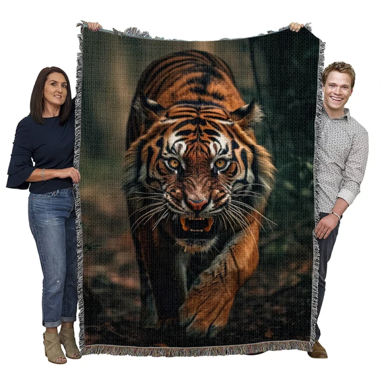 Bengal Tiger Walking Through Woods Woven Blanket