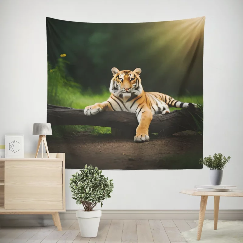 Bengal Tiger on a Log in Woods Wall Tapestry