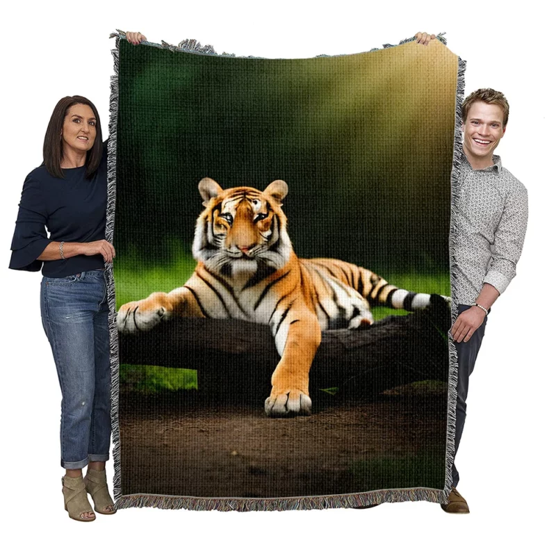Bengal Tiger on a Log in Woods Woven Blanket