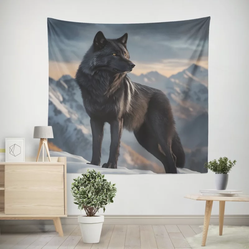 Big Black Wolf on Mountain Wall Tapestry