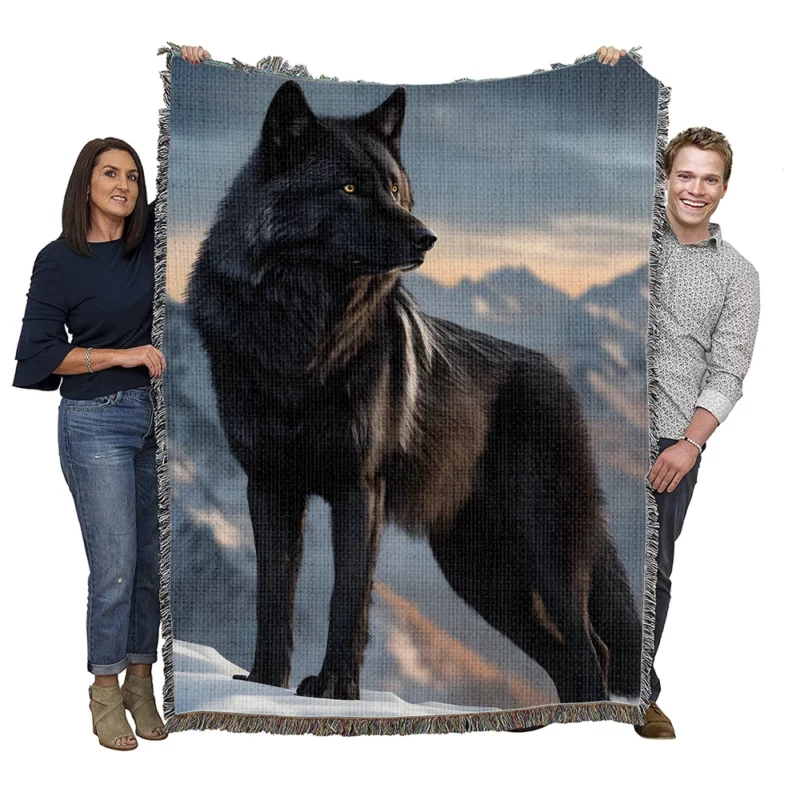 Big Black Wolf on Mountain Woven Blanket