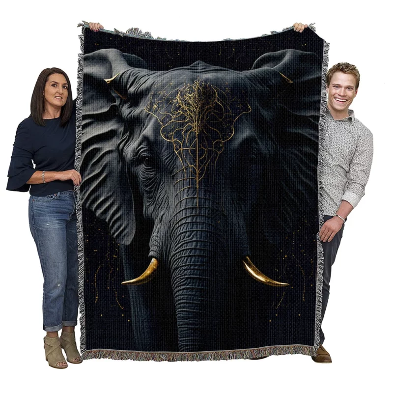 Black Elephant With Gold Accents Woven Blanket