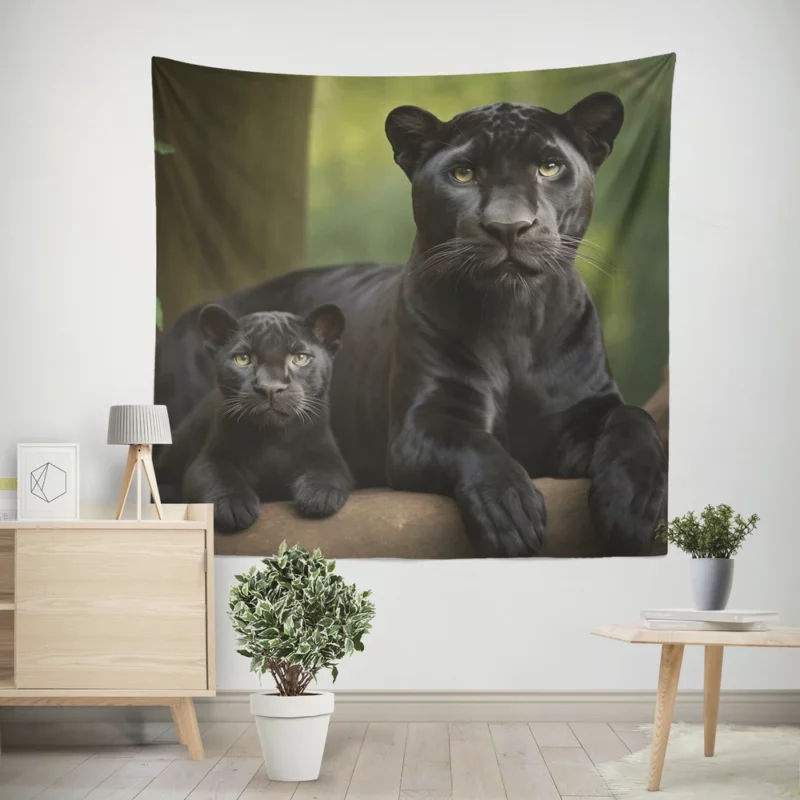 Black Panther with Cub in Nature Wall Tapestry