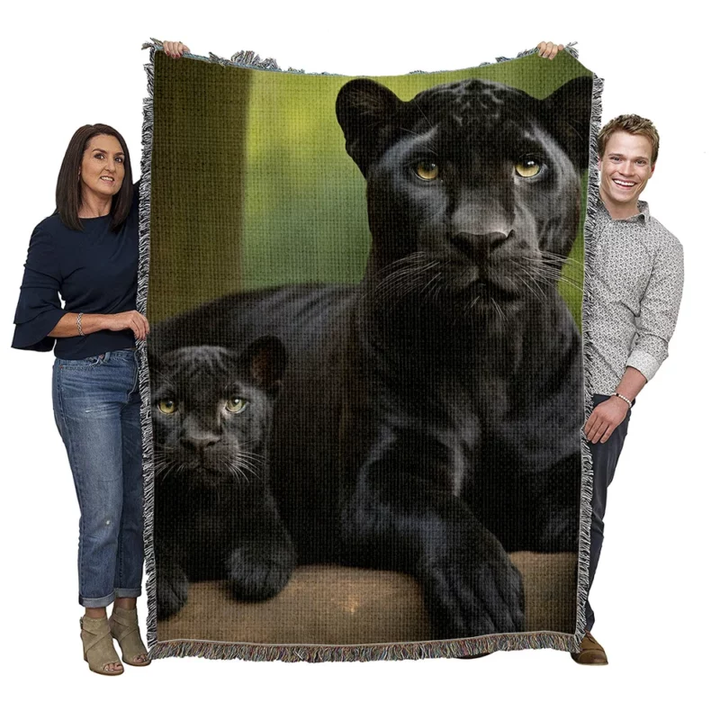 Black Panther with Cub in Nature Woven Blanket