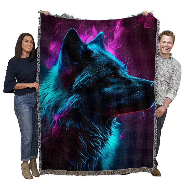 Black Wolf in Neon Colorful Smoke Woven Blanket