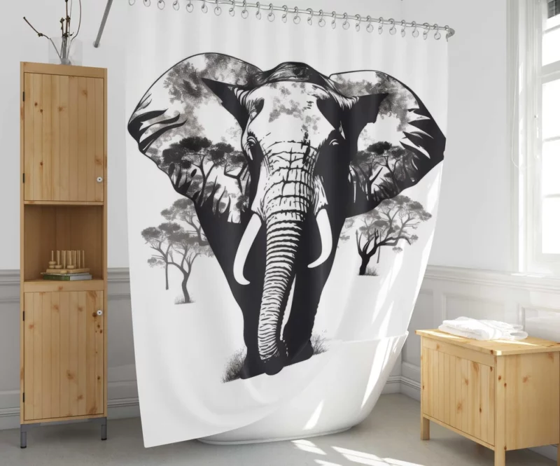 Black and White Elephant Silhouette Shower Curtain 1