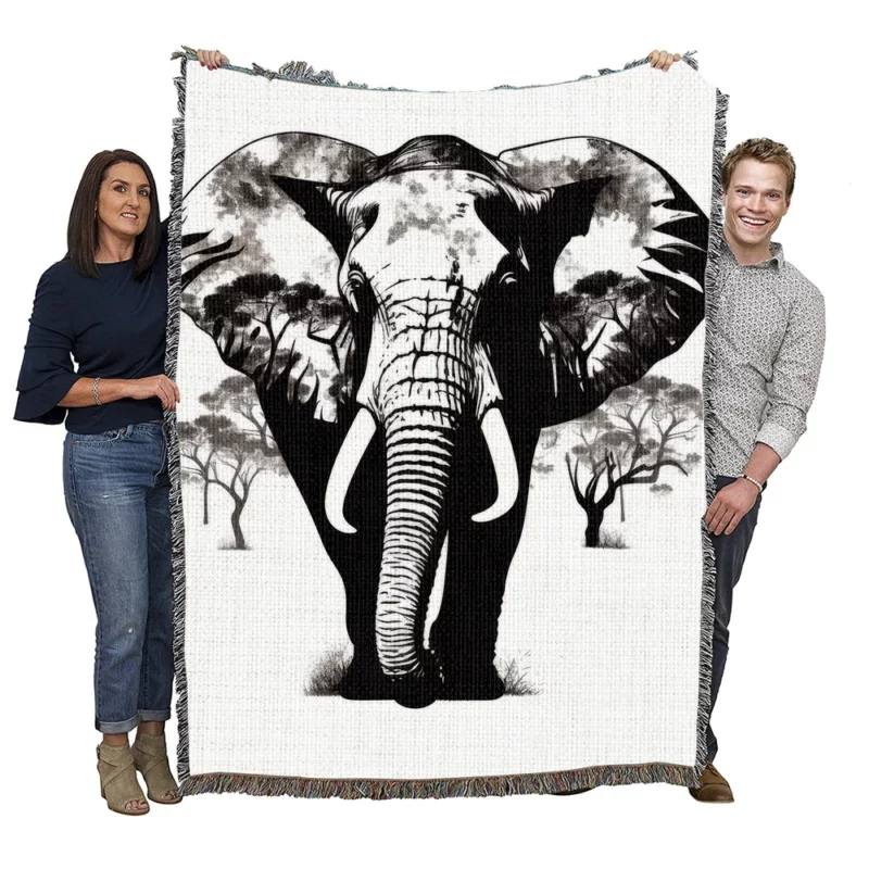 Black and White Elephant Silhouette Woven Blanket