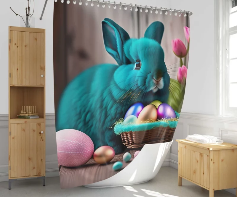 Blue Bunny With Easter Basket Shower Curtain 1