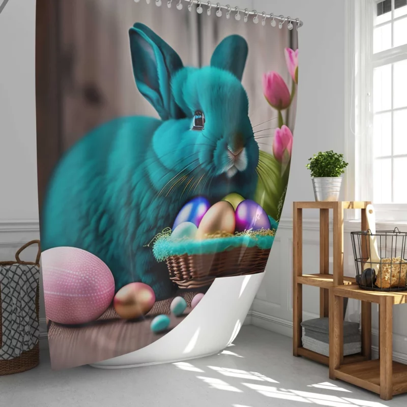 Blue Bunny With Easter Basket Shower Curtain