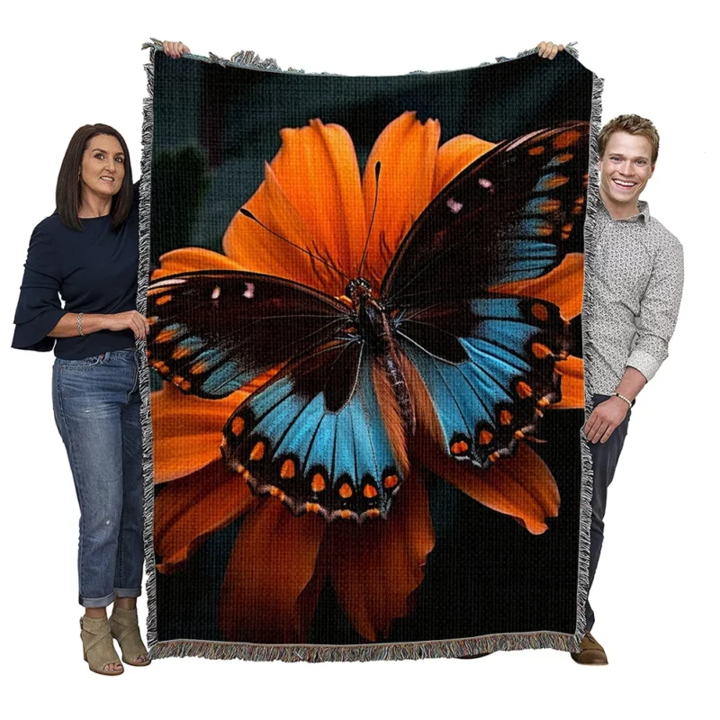 Blue Butterfly in the Garden Woven Blanket