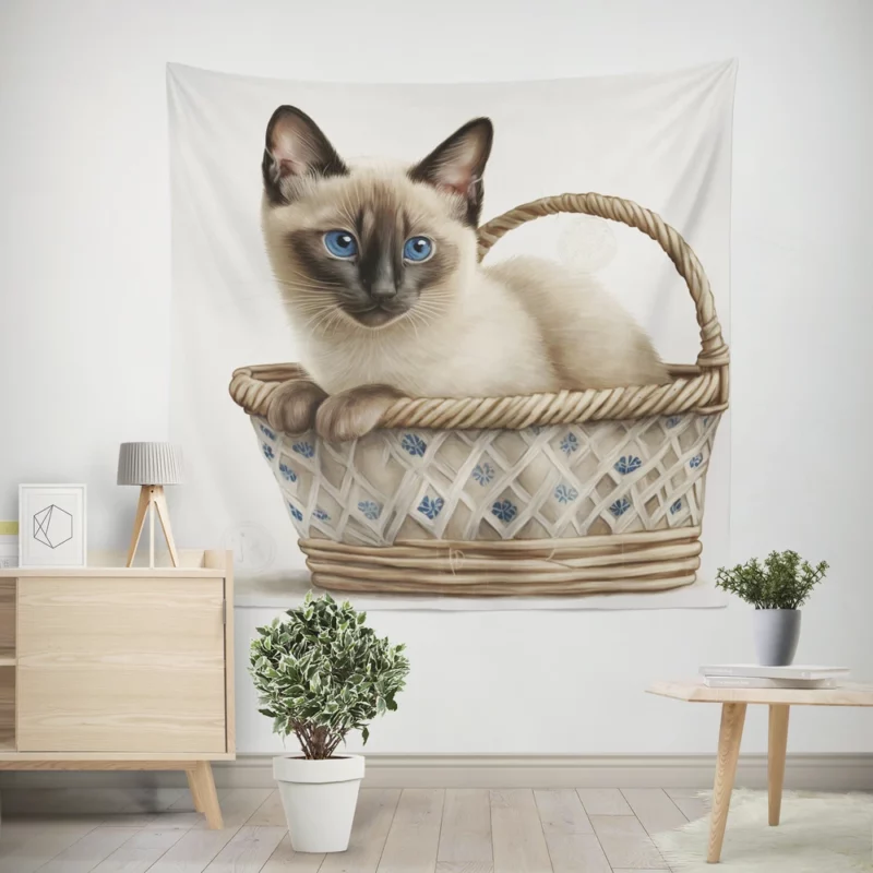 Blue Eyed Cat in Basket Wall Tapestry