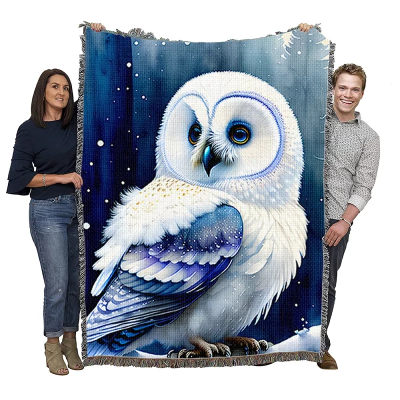 Blue Eyed Owl Painting Woven Blanket