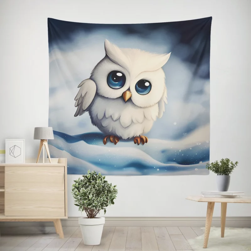 Blue Eyed Snowy Owl on Snow Wall Tapestry