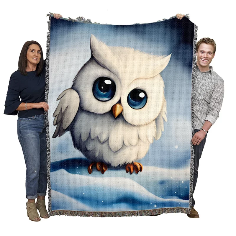 Blue Eyed Snowy Owl on Snow Woven Blanket