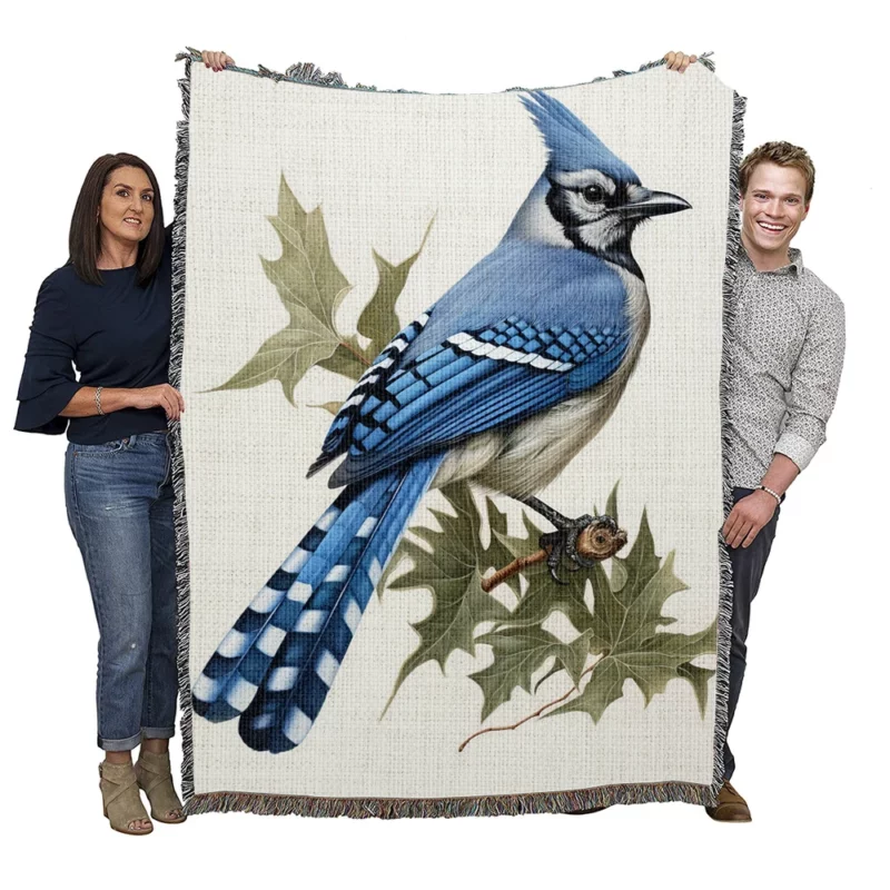Blue Jay Sitting on Branch Woven Blanket