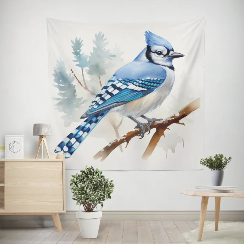 Blue Jay on Branch AI Art Wall Tapestry