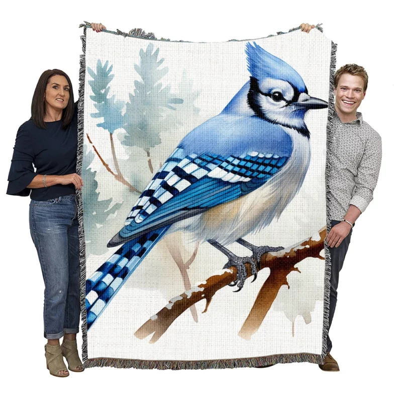 Blue Jay on Branch AI Art Woven Blanket