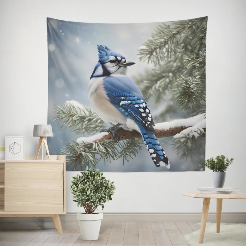 Blue Jay on Snowy Pine Branch Wall Tapestry