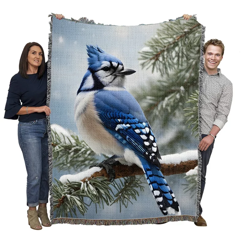 Blue Jay on Snowy Pine Branch Woven Blanket