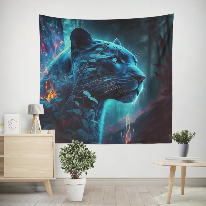 Blue Panther in Forest Wall Tapestry