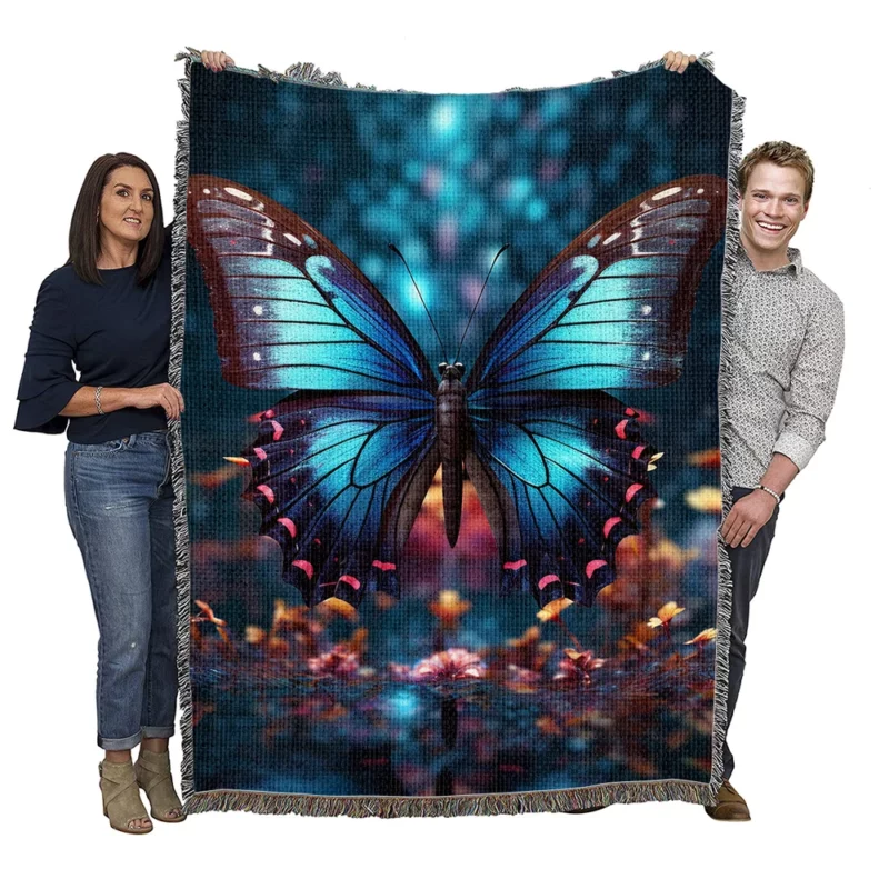 Blue Winged Butterfly Portrait Woven Blanket