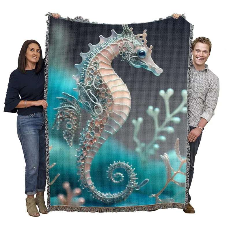 Blue and White Seahorse Woven Blanket