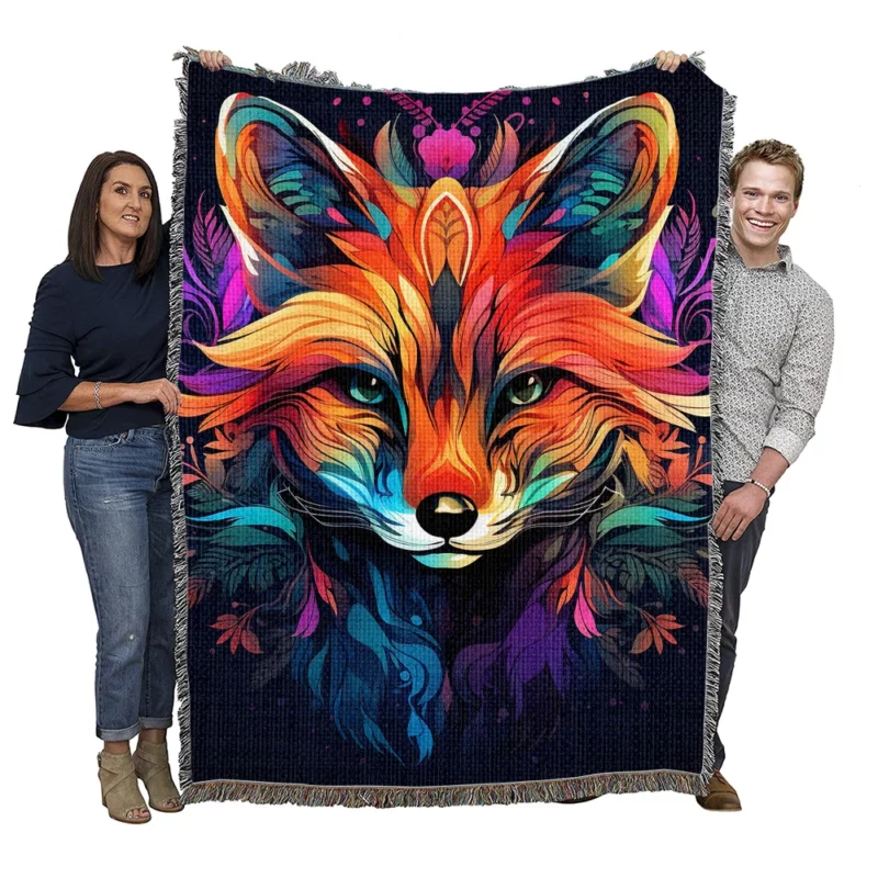Brightly Colored Fox Design Woven Blanket