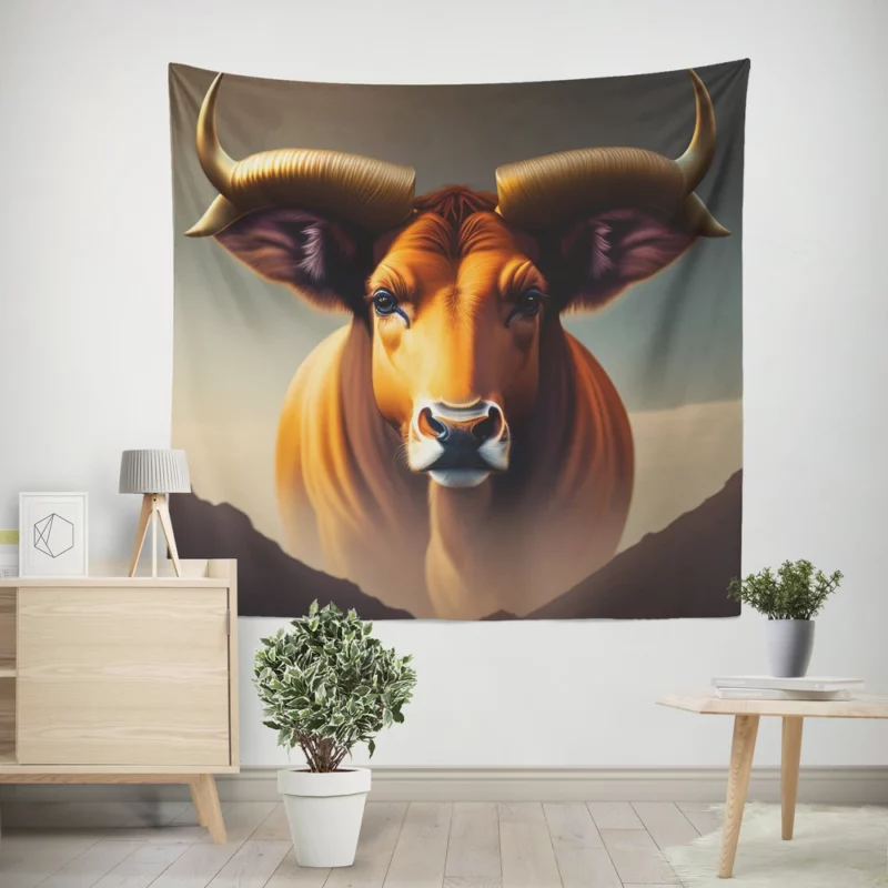 Bull Facing a Mountain Wall Tapestry