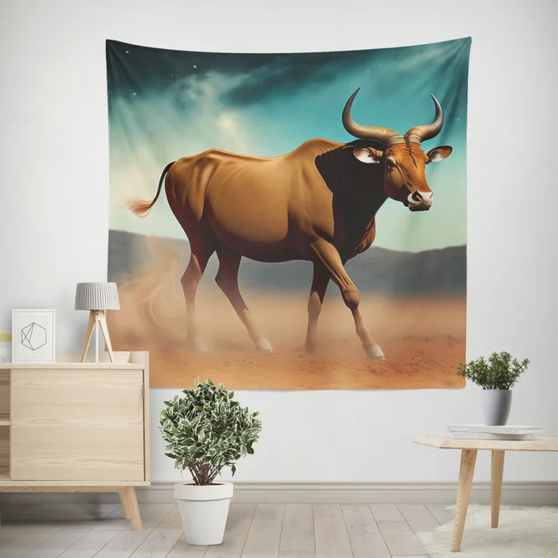 Bull Under Cloudy Sky Painting Wall Tapestry