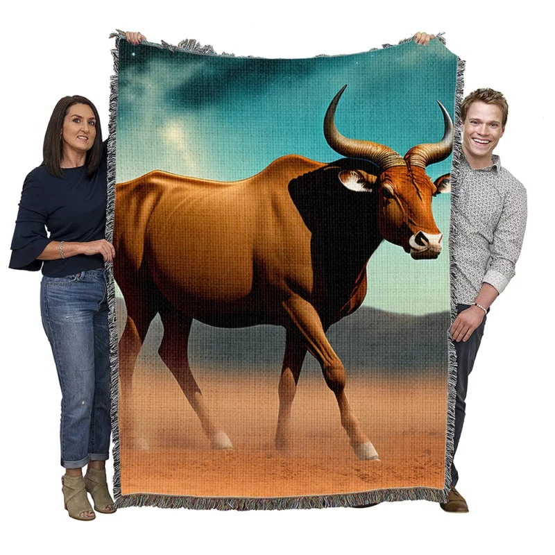 Bull Under Cloudy Sky Painting Woven Blanket
