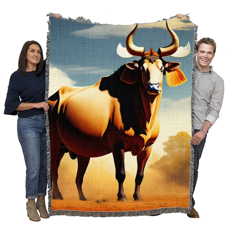 Bull With Ear Tag Painting Woven Blanket