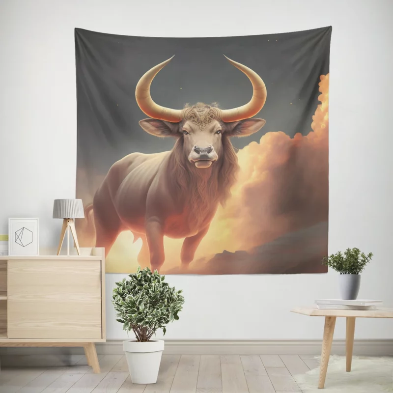 Bull With Large Horns Painting Wall Tapestry