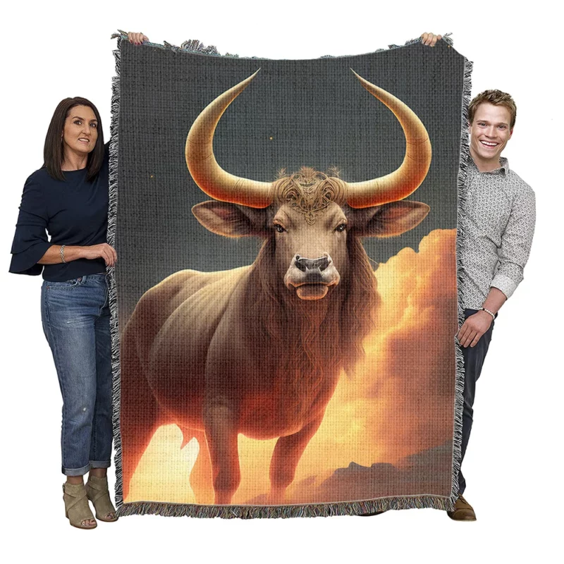Bull With Large Horns Painting Woven Blanket