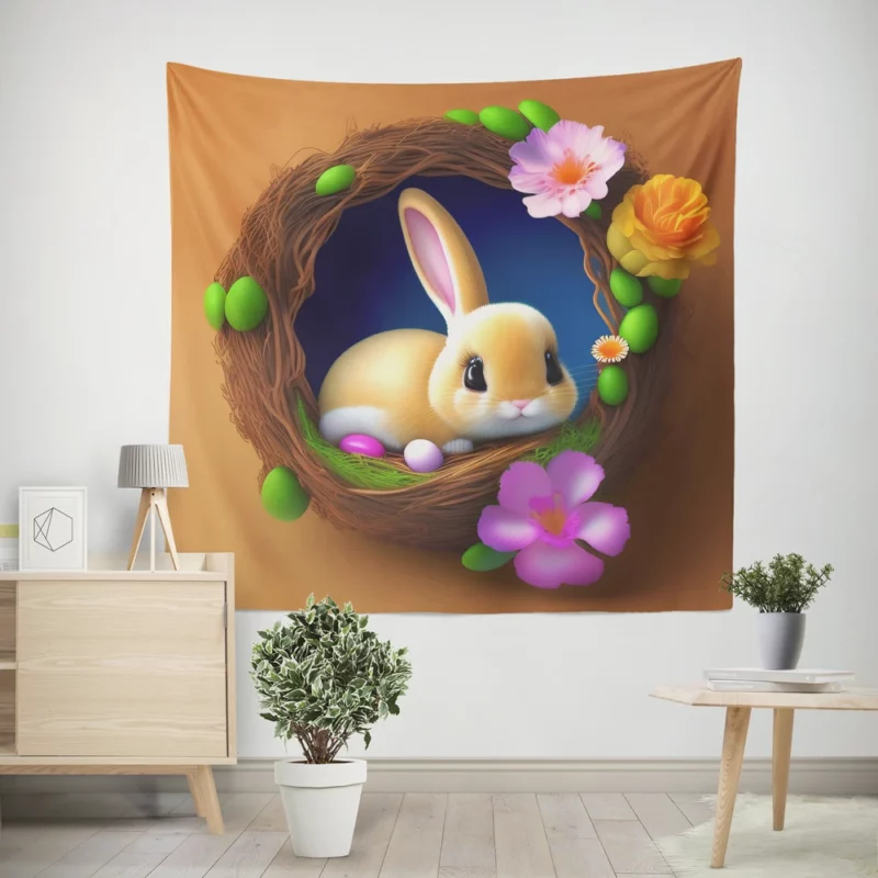 Bunny in Flower Nest Wall Tapestry