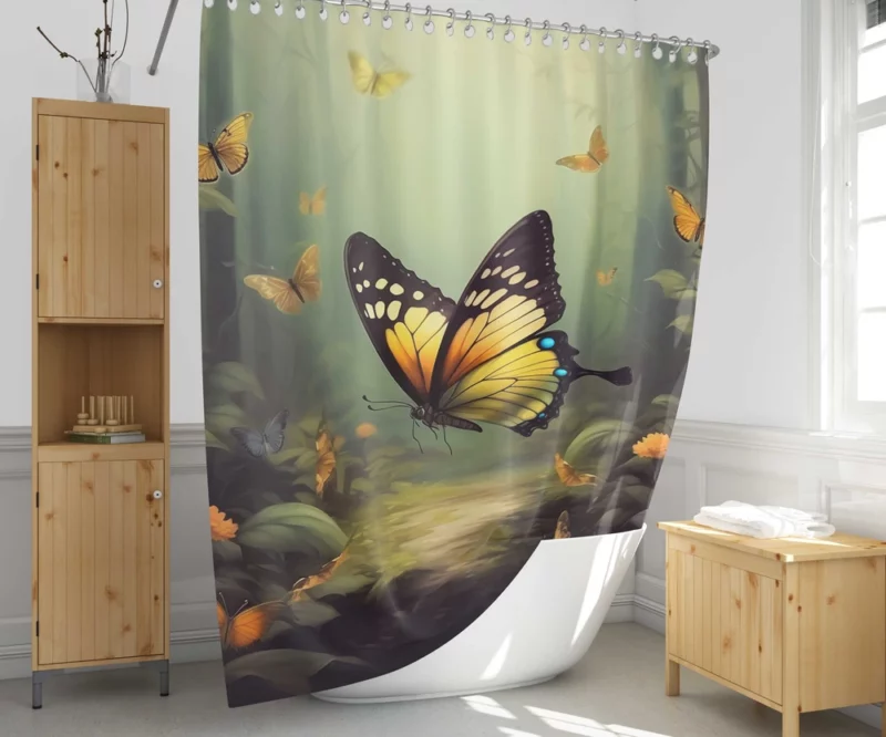 Butterflies in Forest Sunlight Shower Curtain 1