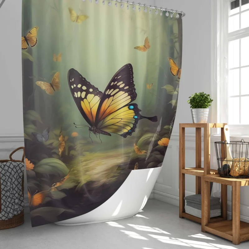 Butterflies in Forest Sunlight Shower Curtain