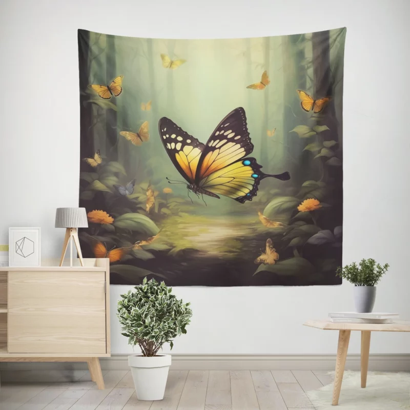 Butterflies in Forest Sunlight Wall Tapestry