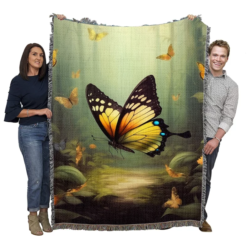 Butterflies in Forest Sunlight Woven Blanket