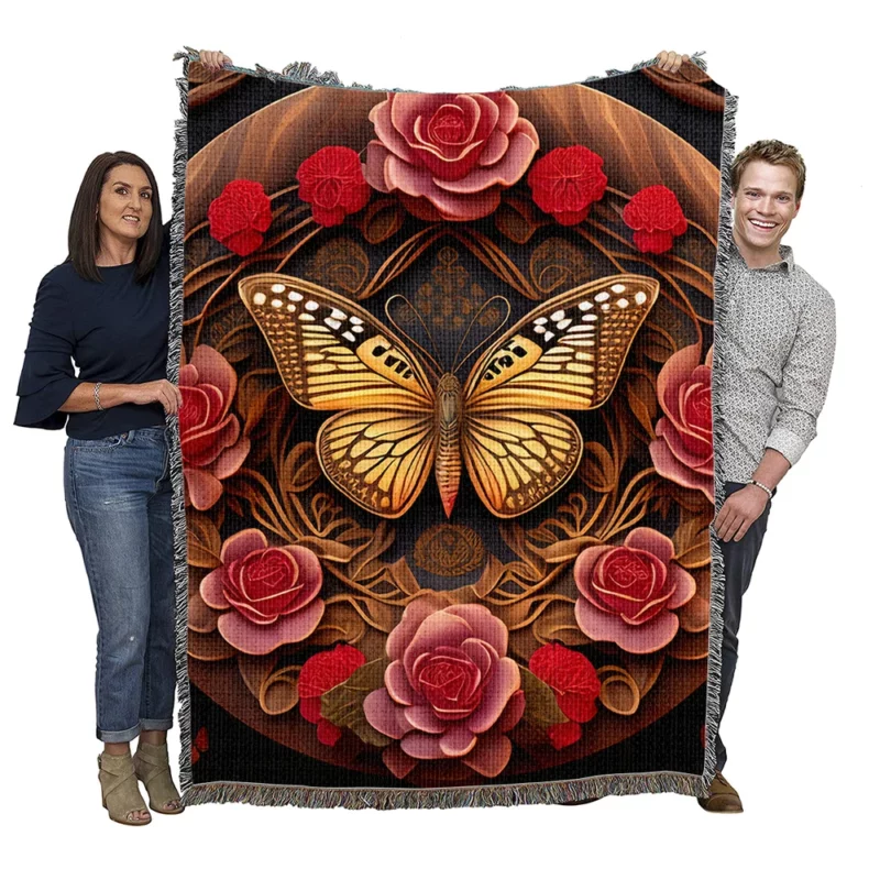 Butterfly With Red Roses Artwork Woven Blanket