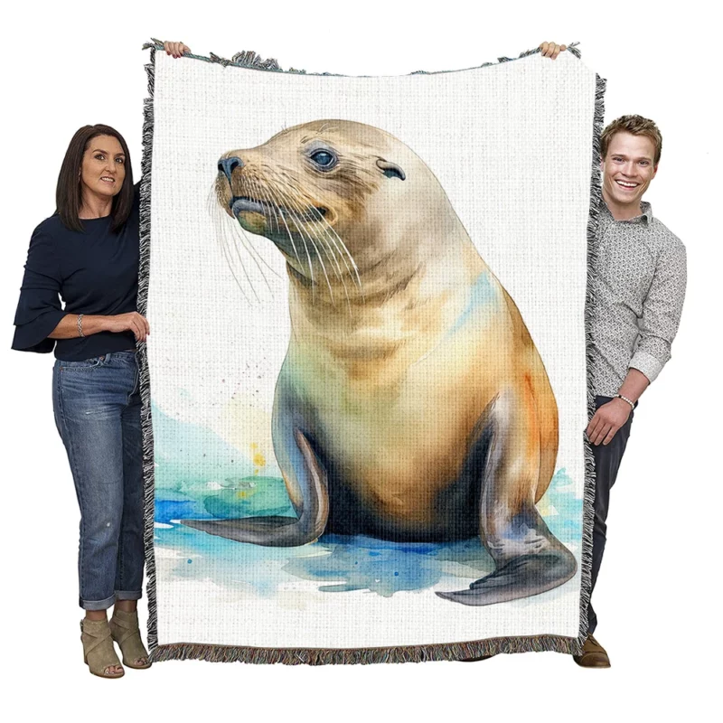California Sea Lion Painting Woven Blanket