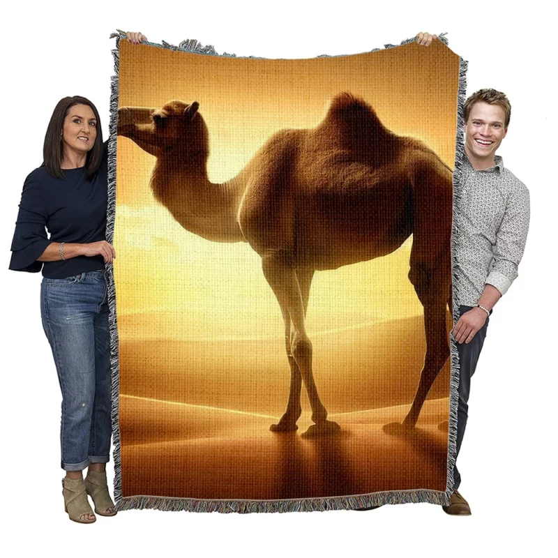 Camel in Desert Sunset Woven Blanket
