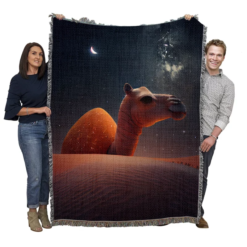 Camel in Desert at Night Woven Blanket
