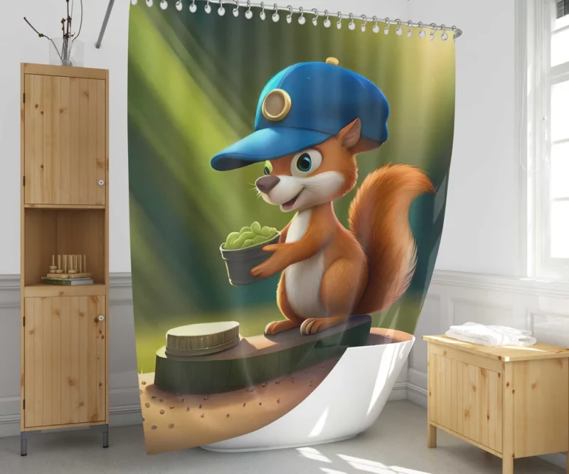 Cap-Wearing Squirrel in Cartoon Style Shower Curtain 1