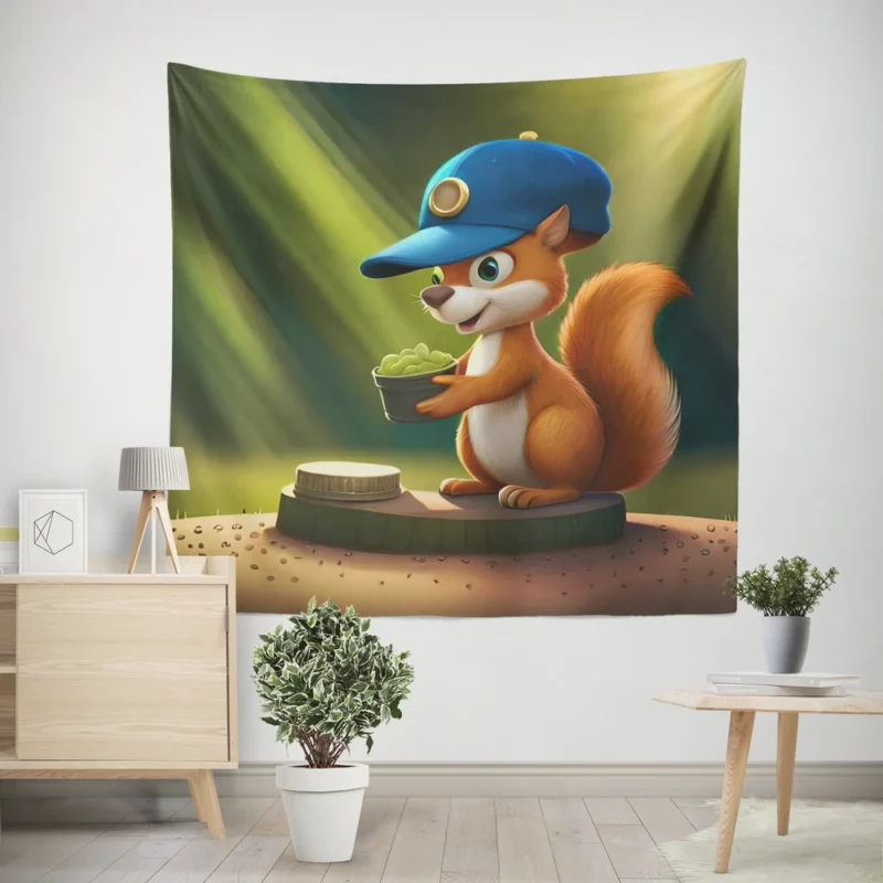 Cap-Wearing Squirrel in Cartoon Style Wall Tapestry