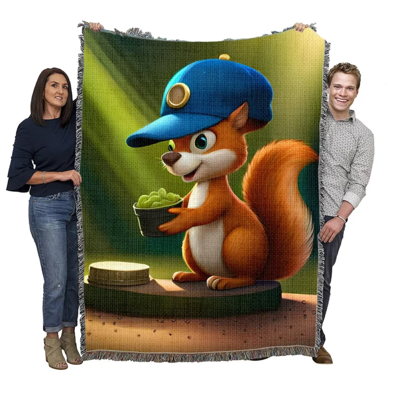Cap-Wearing Squirrel in Cartoon Style Woven Blanket