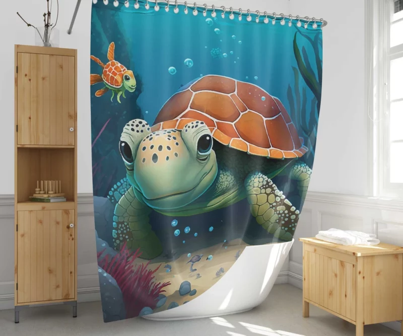 Cartoon Turtle Underwater with Friends Shower Curtain 1